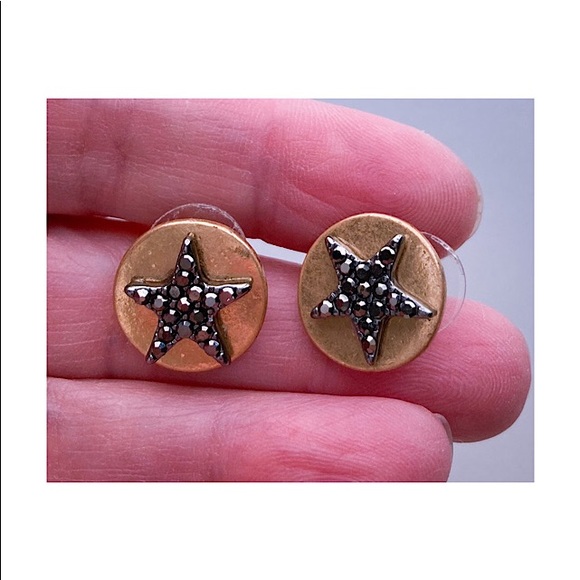 Earrings Star Round Disc Black Crystal Pave Golden - Picture 2 of 7